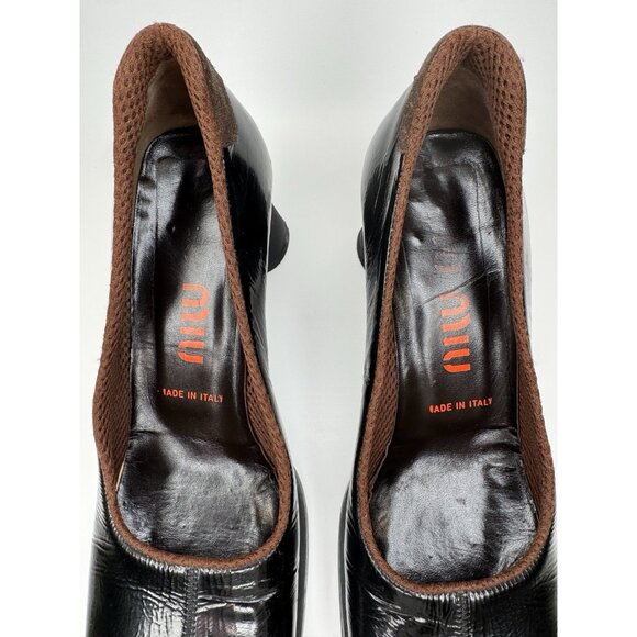 Miu Miu 90s Shoes 37 Real 38,5 Black Patent Leather Brown Square Toe Block Heel - Picture 4 of 9